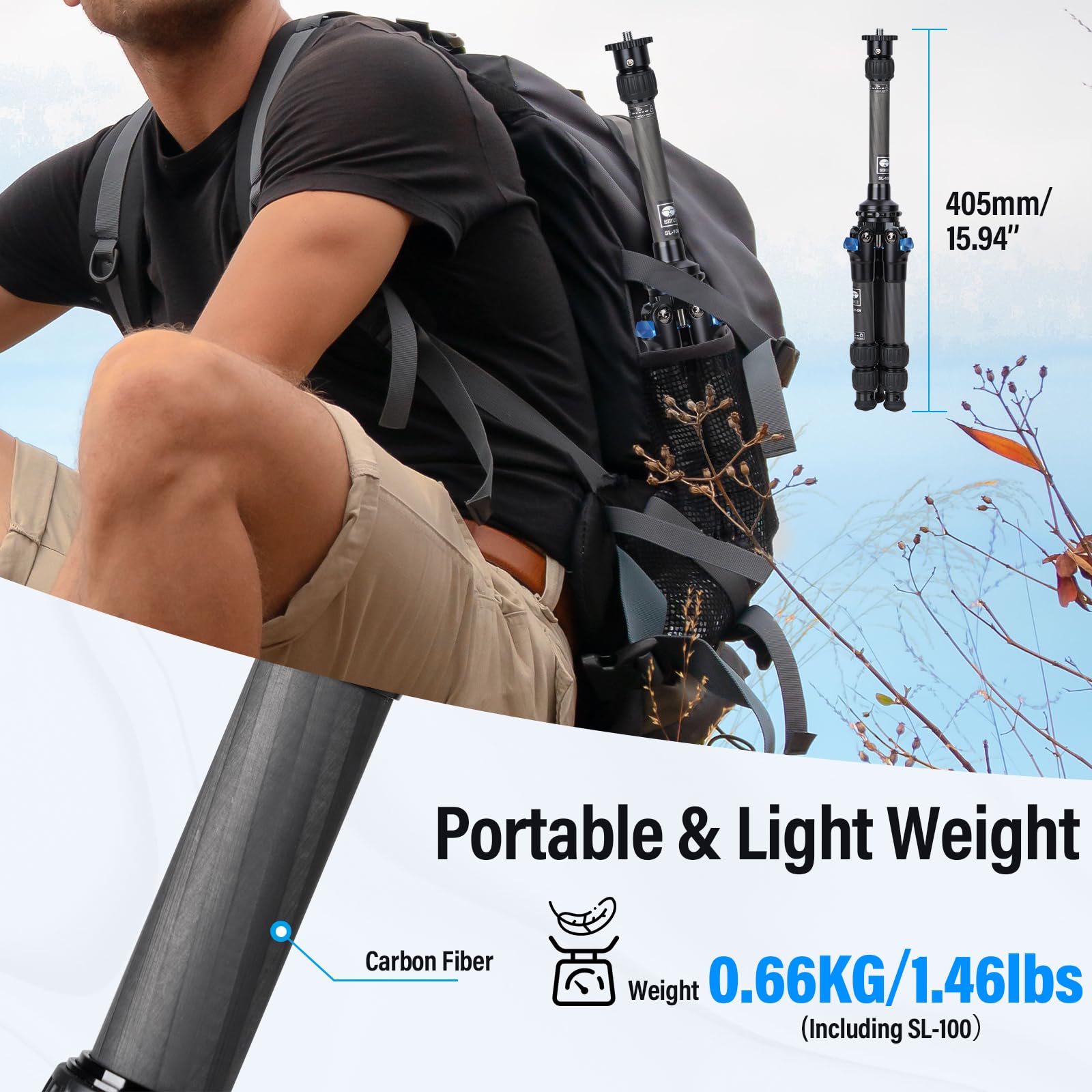 Sirui Lightweight Carbon Fiber Mini Travel Tripod With Two Section Center Column, Max Height 26', Supports 33Lbs (Am 223+Sl 100)